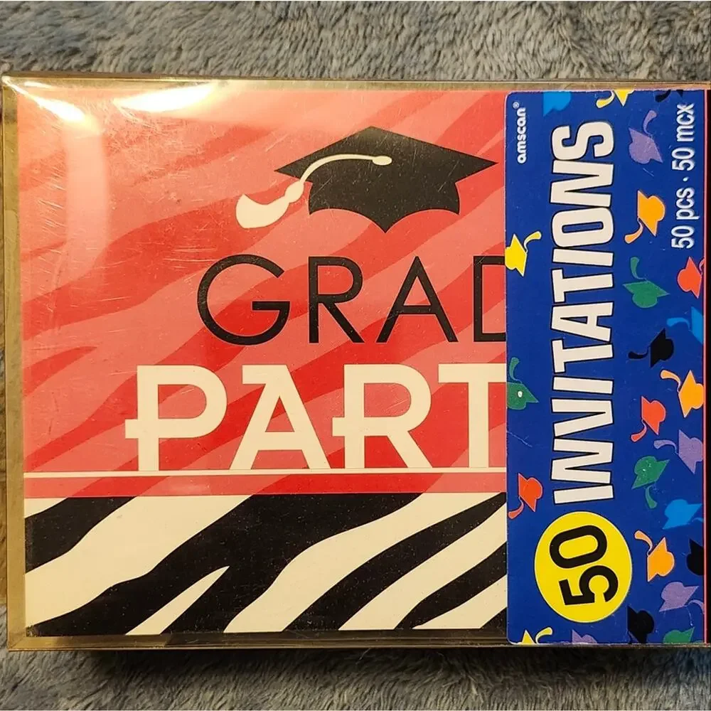 Amscan Grad Zebra Party Invitations – 50 Cards + 50 Envelopes – NIB Sealed